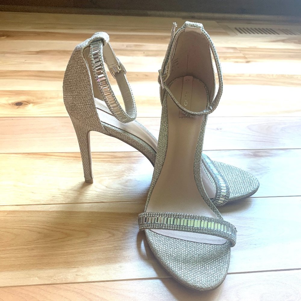 Aldo Gold Open Toe Rhinestone Ankle Strap Heels - Picture 4 of 5